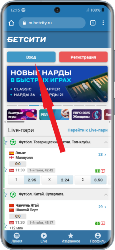 Вход через мобильную версию Бетсити