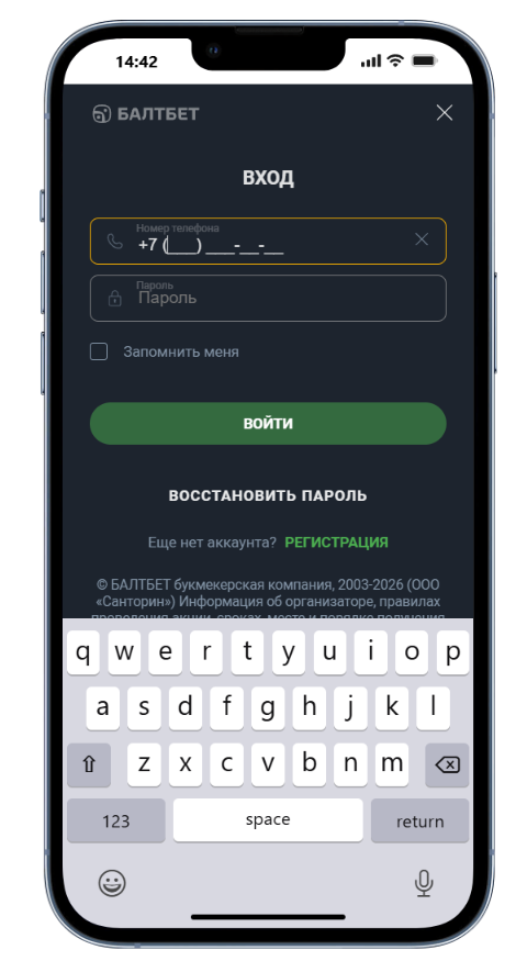окно входа после регистрации