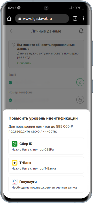 Завершение регистрации в приложении Лига ставок