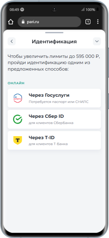 Верификация в приложении Пари