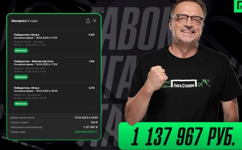 Клиент БК Лига Ставок благодаря экспрессу из 9 матчей выиграл больше 1 миллиона, поставив всего 100 рублей