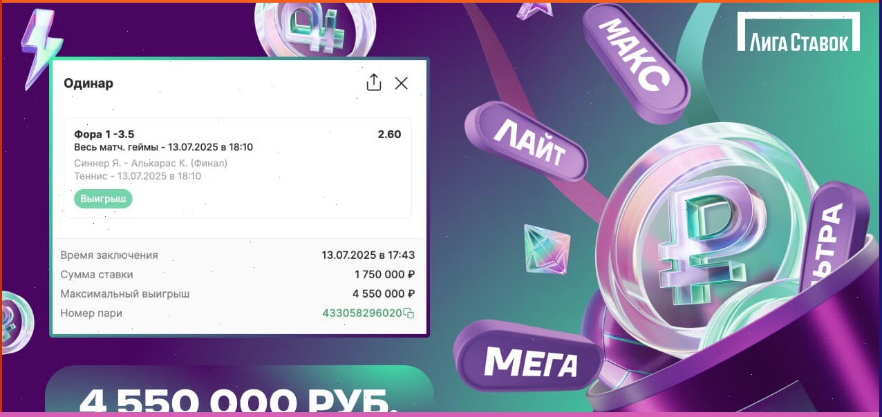 Клиент БК Лига Ставок выиграл 4.5 миллиона рублей благодаря победе Синнера в финале Уимблдона