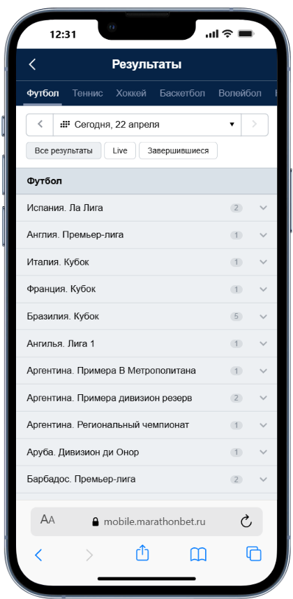 Результаты в БК Марафон