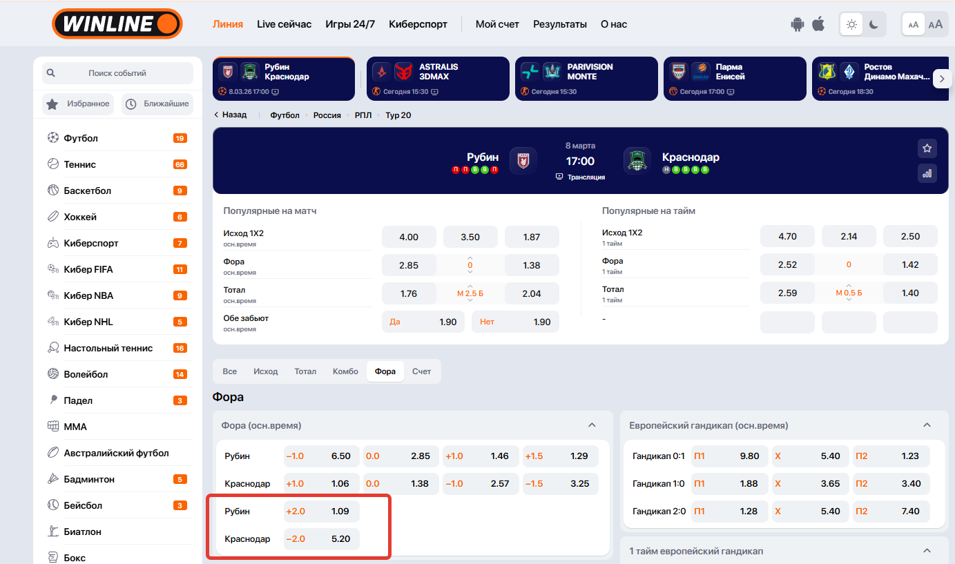 Плюсовая и минусовая фора 2 в росписи матча