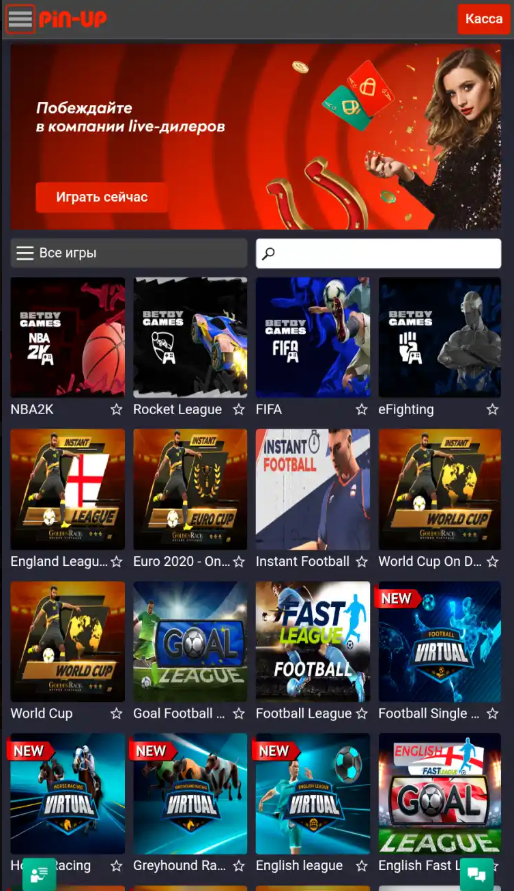 основное окно Пинап