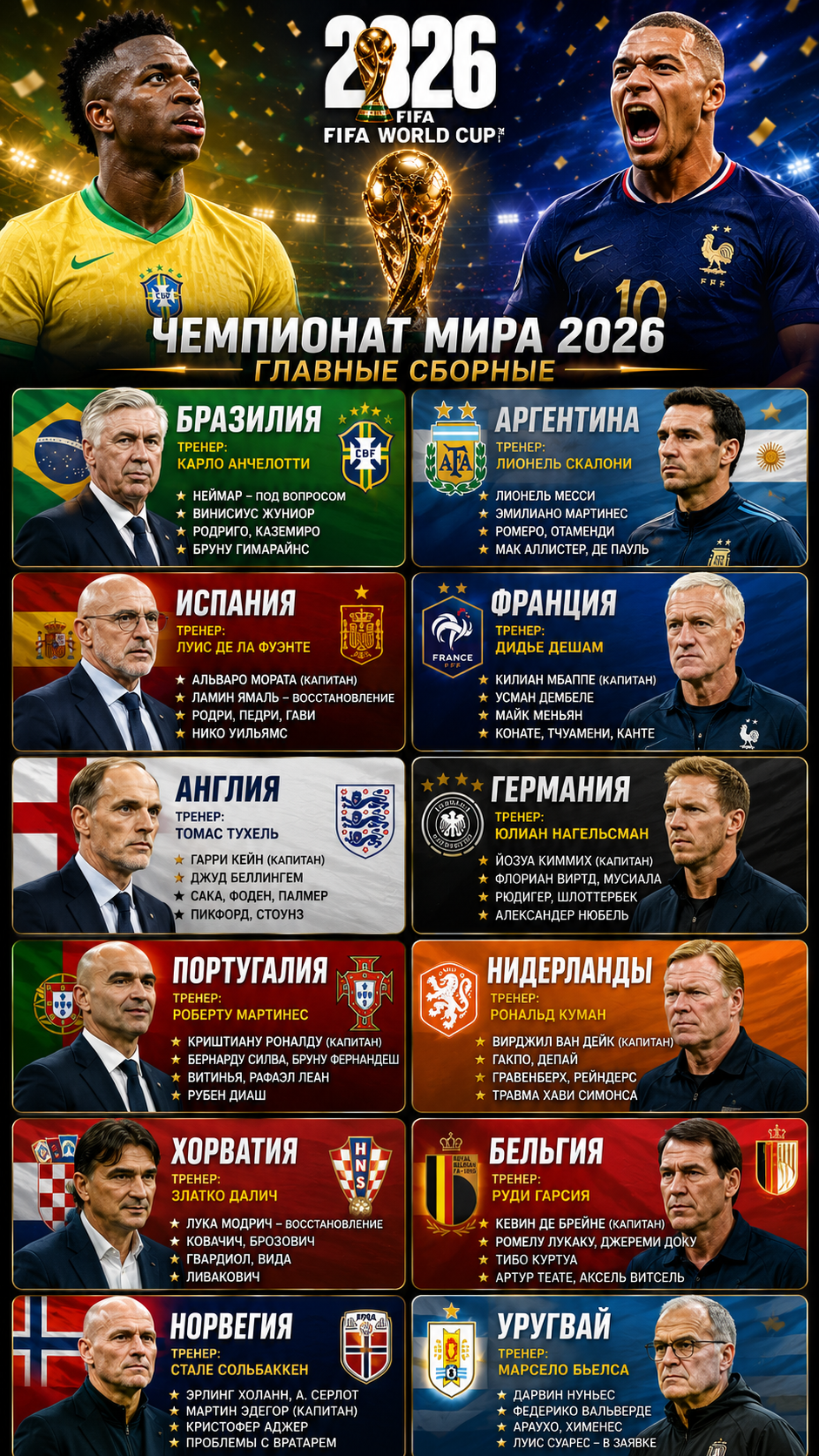 Составы топ-сборных ЧМ 2026 – расширенные заявки