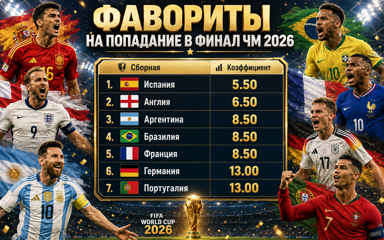 Кто сыграет в финале ЧМ 2026 — фавориты, коэффициенты и прогнозы